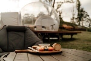 breakfast in front of a geo dome