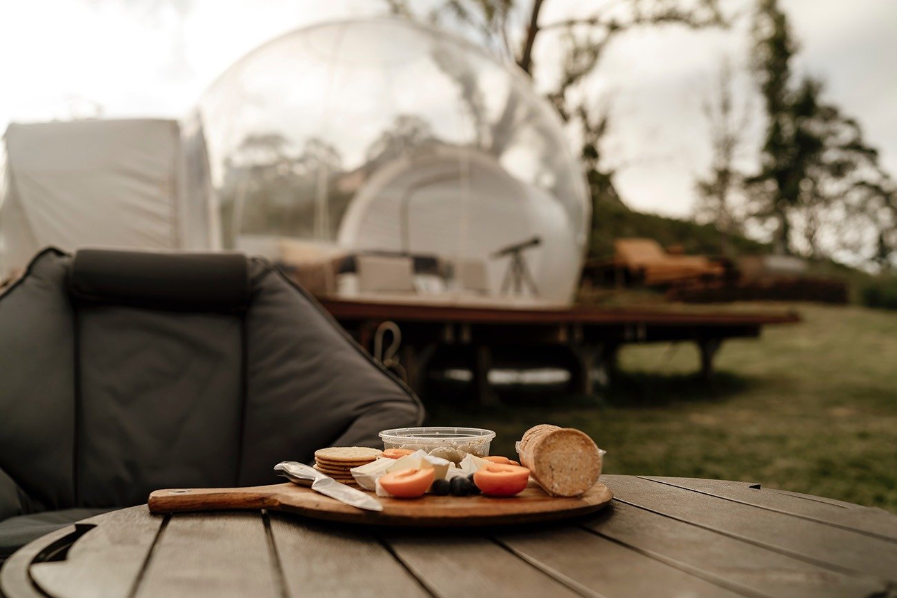 breakfast in front of a geo dome