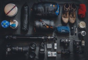 camping gear laid out on a table